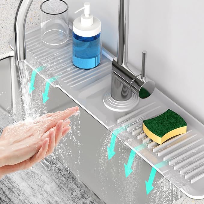 24 Inch Longer Faucet Mat for Kitchen Sink [5°Slope Fast Self-draining]Bathroom Kitchen Sink Splash Guard Silicone Sink Faucet Mat Splash Guard Kitchen Sink Area Tidy Splash Faucet Guard Draining Mat