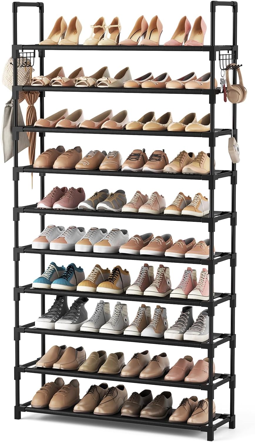 VTRIN 10 Tier Shoe Rack Tall Large Capacity 50 Pair Wide Shoe Organizer with Two Hooks Sturdy Metal Shoe Shelf for Entryway, Closet, Bedroom