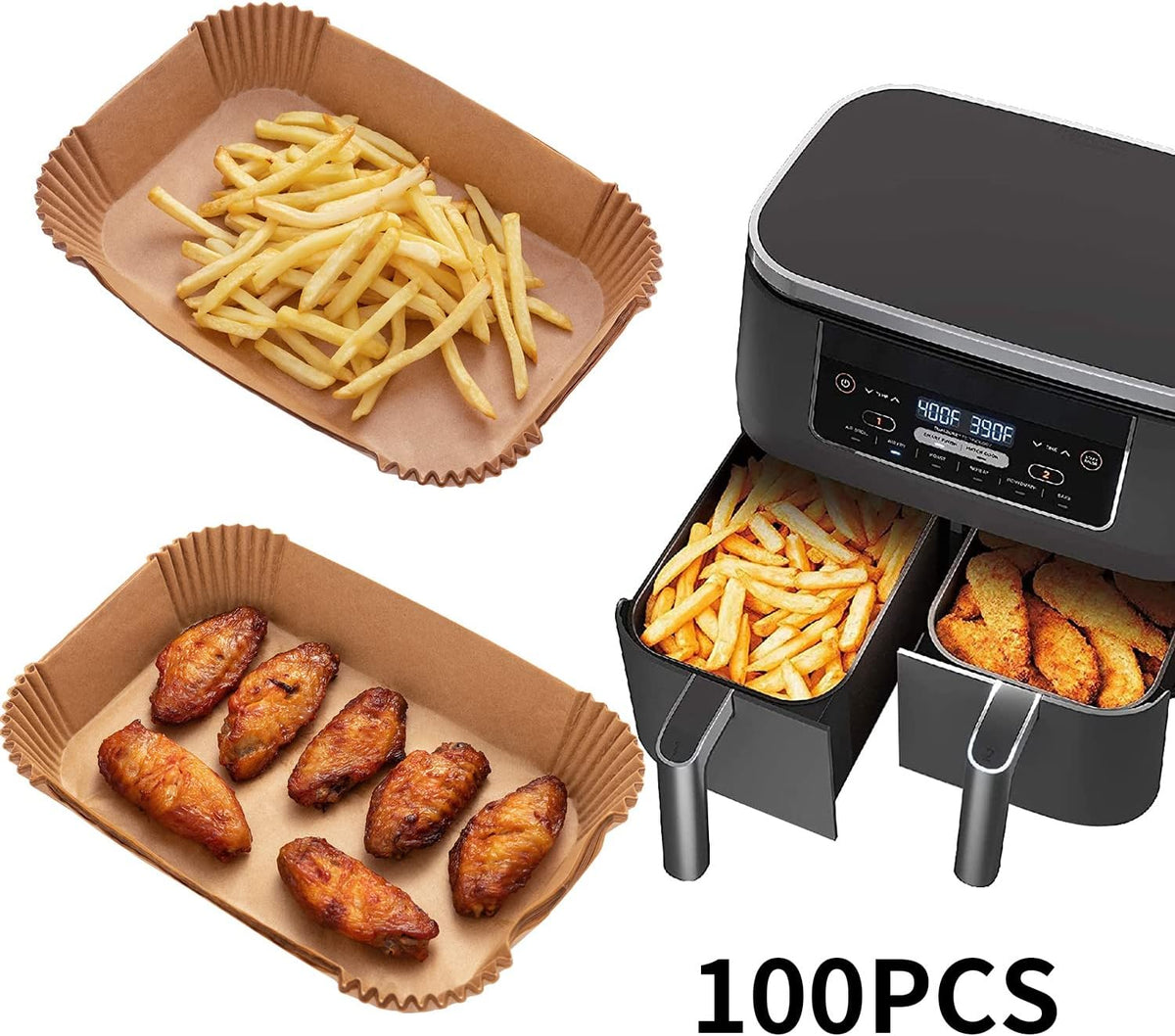 Air Fryer Disposable Paper Liner, 100PCS Food Grade Parchment Liners for Ninja DZ201,Ninja Foodi Dual Air Fryer Accessories Baking Paper (9 * 6, Natural)