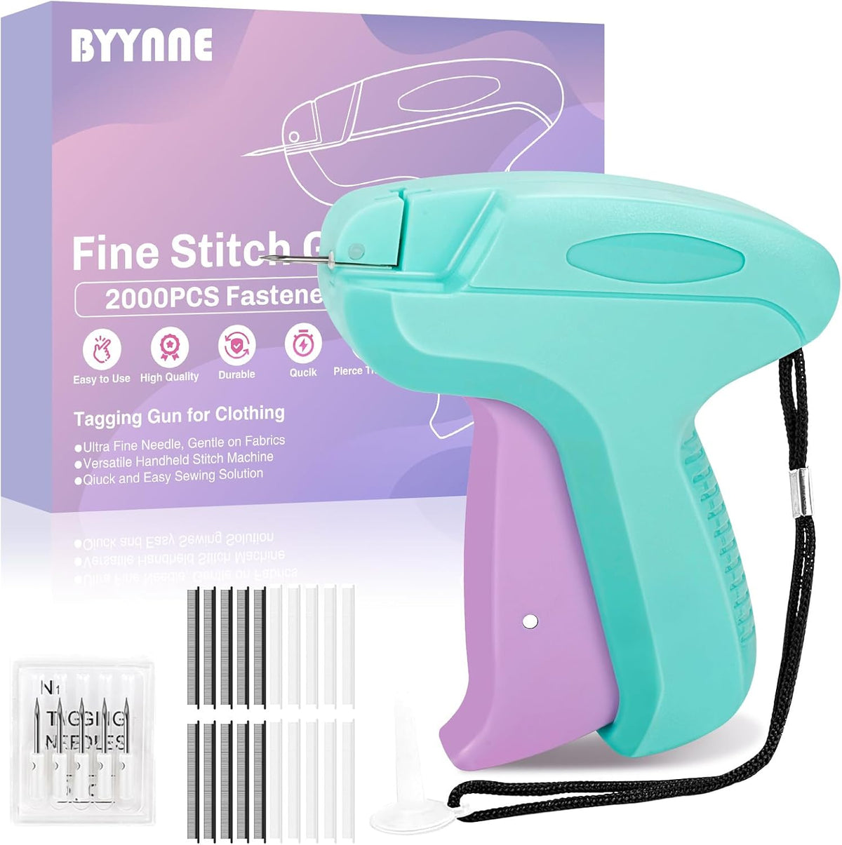 Stitch Gun for Clothes - Handheld Quick Clothing Fixer - Tagging Gun for Clothing, Sewing Kit - Includes 6 Fine Needles, 1000 Black & 1000 White Fasteners (Purple Green)