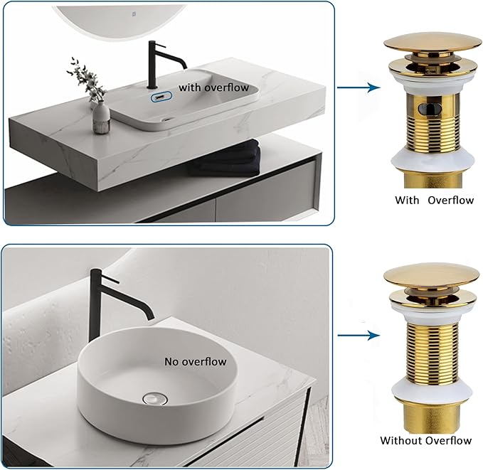 Rockgoya Bathroom Sink Drain, Gold Drain Stopper Bathroom Sink Without Overflow,Pop Up Drain Assembly with Detachable Strainer Basket,Built-in Anti-Clogging Strainer,Stainless Steel
