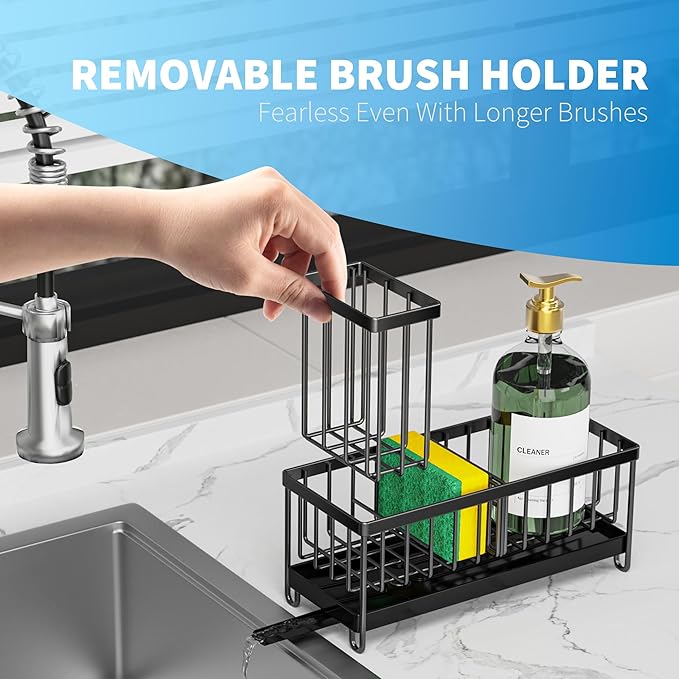 Cisily Black Sponge Holder for Kitchen Sink, Sink Caddy Organizer with High Brush Holder, Kitchen Countertop Organizers and Storage Essentials, Rustproof 304 Stainless Steel, Soap Dispenser Organize