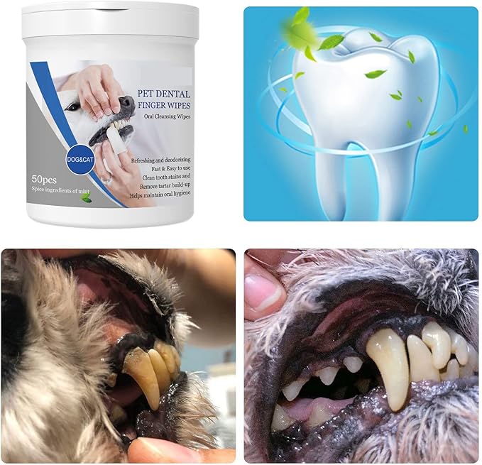 Pet Dental Finger Wipes, Oral Cleansing Teeth Care Finger Cots Wipes Pads for Dogs and Cats, Optimize Oral Health, Reduces Plaque, Freshen Breath - 50 Wipes