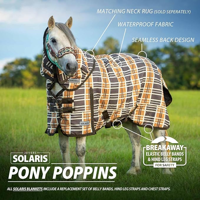Jeffers Pony Poppins Solaris 1200 Denier Turnout Blanket Brown & Cream Plaid 66" - Waterproof, Breathable Horse Blanket with 0 gram Polyfill, No Insulation, Ideal Protection for Wind & Rain,