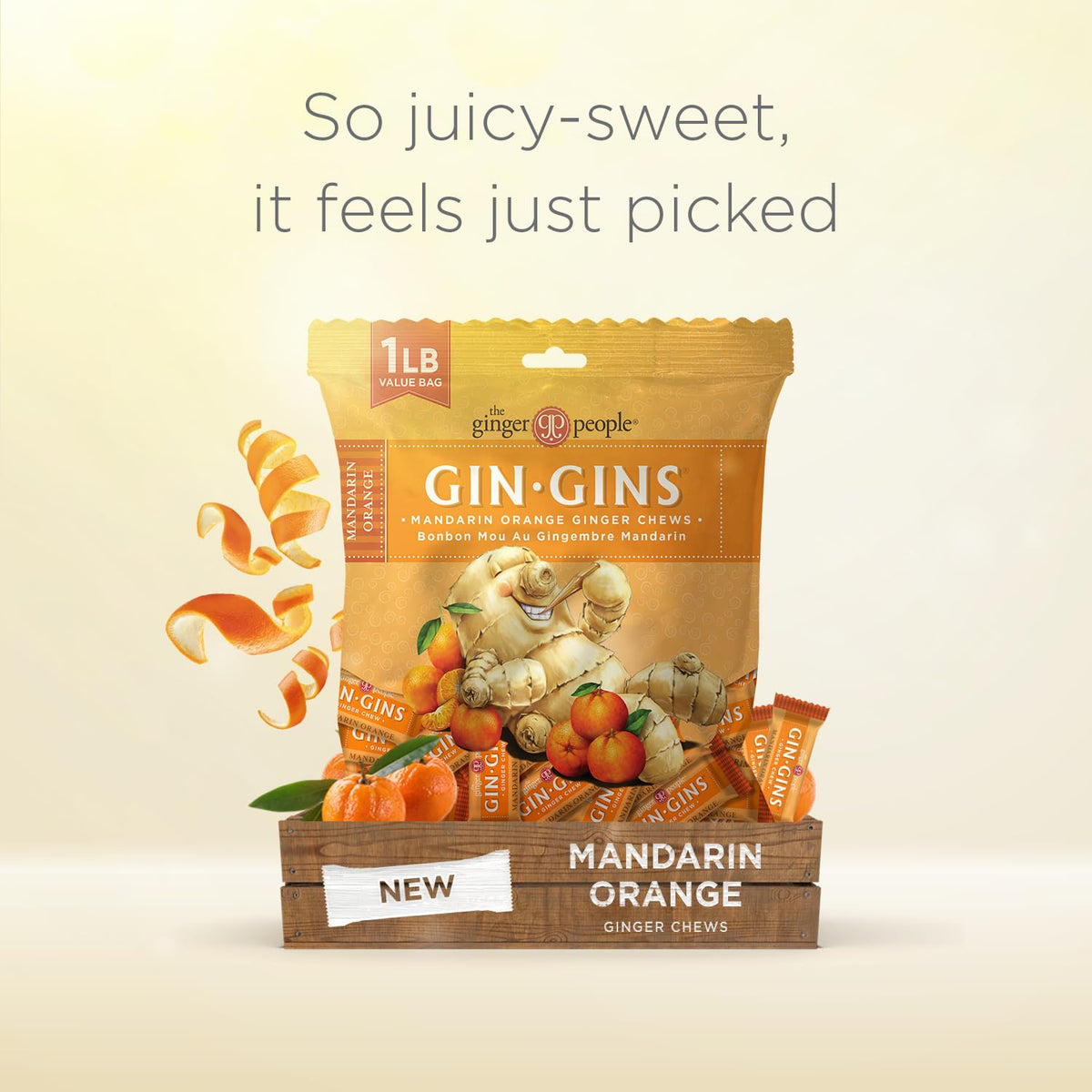 GIN GINS Mandarin Orange Ginger Chews – Natural Fresh Ginger Candy by The Ginger People – Individually Wrapped Healthy Candy – Mandarin Orange Flavor – Large 1 lb Bag (16oz) – Pack of 1