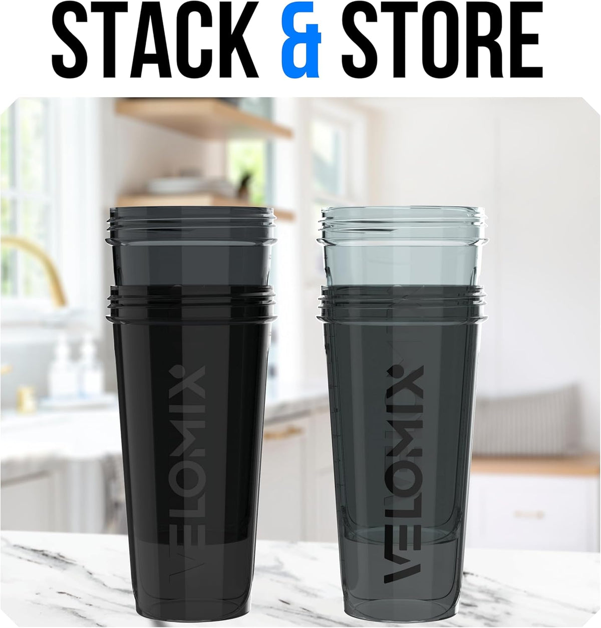 VELOMIX -4 Pack- 28 oz Protein Shaker Bottles for Protein Mixes - 4x Wire Whisk | Leak Proof Shaker Cups for Protein Shakes | Protein Shaker Bottle Pack (Silver Mix)