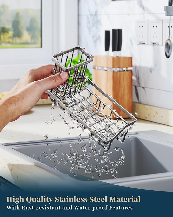 Consumest Sponge Holder for Kitchen Sink, Sink Caddy Organizer with Removable Drip Tray, Countertop Dish Soap Holder and Brush Holder, 304 Stainless Steel - Sand Nickel