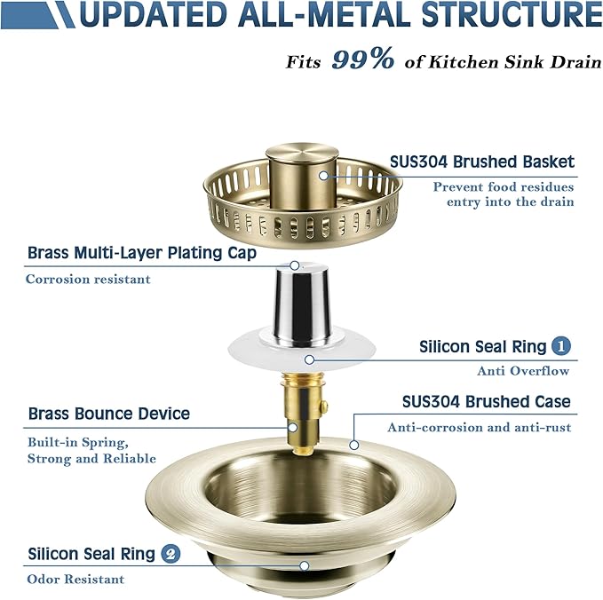 Kitchen Sink Drain Strainer 3 in 1, 304 Stainless Steel Pop Up Sink Stopper, Anti-Clogging Sink Drain Strainer for US Standard Kitchen Drain (Light Bronze)