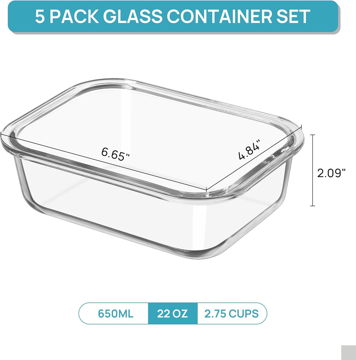Vtopmart 5Pack 22oz Glass Storage Containers with Lids, Glass Meal Prep Food Container Sets with Snap Airtight Lids for Microwave, Oven, Freezer and Dishwasher, Grey