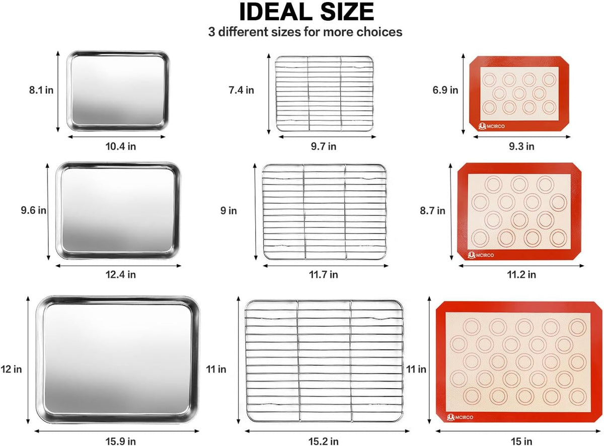 Stainless Steel Baking Sheet Tray Cooling Rack with Silicone Baking Mat Set, Cookie Pan with Cooling Rack, Set of 9 (3 Sheets + 3 Racks + 3 Mats), 10/12/16 Inch, Easy Clean