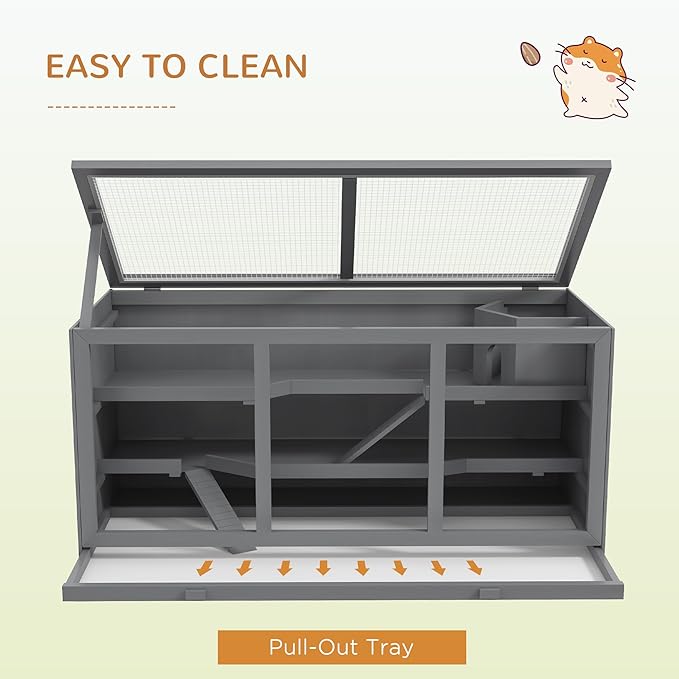 PawHut 45" Extra Large Wooden Hamster Cage, 3-Layer Rat Cage with Opening Roof, PVC Window, Small Animal Habitat for Gerbil, Dwarf & Syrian Hamsters, Gray