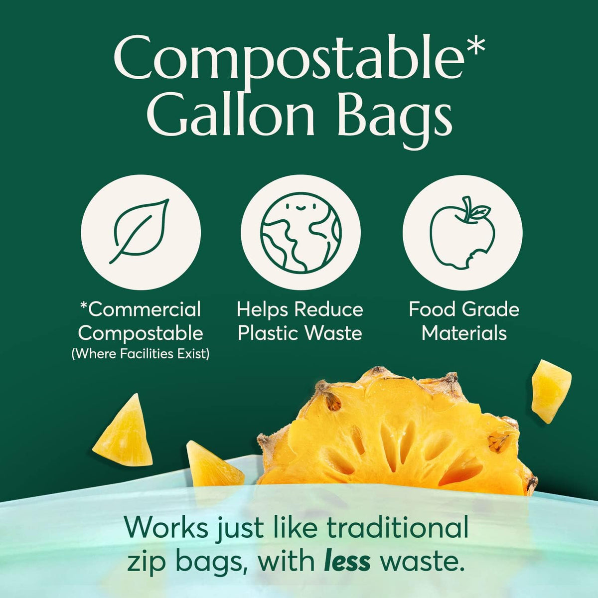 Cleanomic Compostable* Gallon Size Food Storage Bags (25 Eco Zip) Freezer and Leak Proof, Also Available Quart, Snack and Sandwich Bags