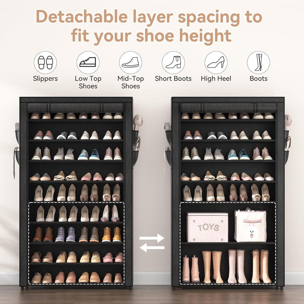 Shoe Rack with Covers - 10 Tiers Tall Shoe Rack Organizer Large Capacity Shoe Shelf Storage 40 Pairs Space Saving Vertical Shoe Storage Organizer for Closet, Entryway, Dorm, Bedroom