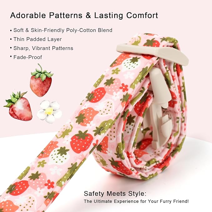 Strawberry Dog Collar for Large Dogs - Cute Spring Pink Dog Collars, Summer Pastel Puppy Collars, Soft Adjustable Boy Girl Dogs Collar with Quick-Release Buckle XL