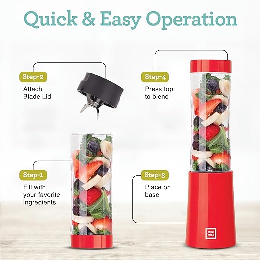 Euro Cuisine MM1R Personal Blender - Compact & Portable Smoothie Blender, Mini Blender Cup for Smoothies, Shakes, Baby Food,Single Serve Blender - Red