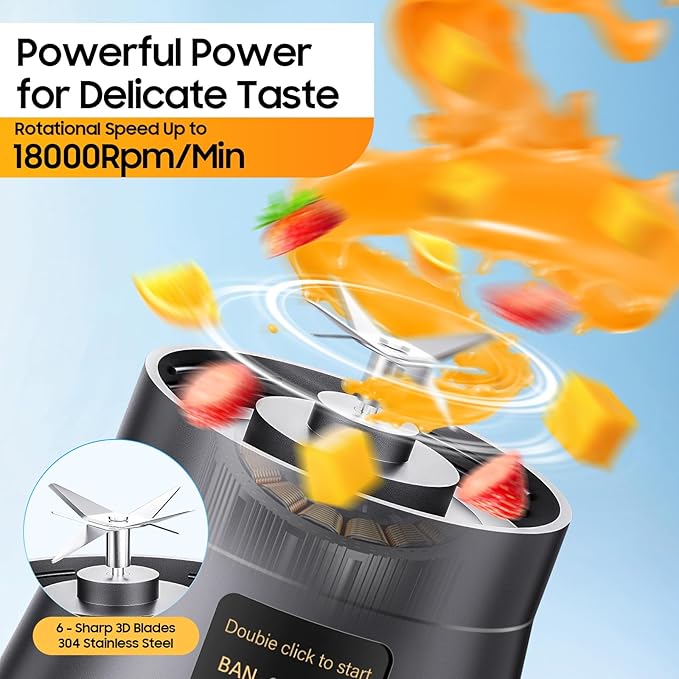 Portable Blender for Smoothies and Shakes - Cordless Personal Blender with 380Ml BPA Free Travel Cup, 6 Stainless Steel Blades for Powerful Blending, Suit for Sports/Travel/Home
