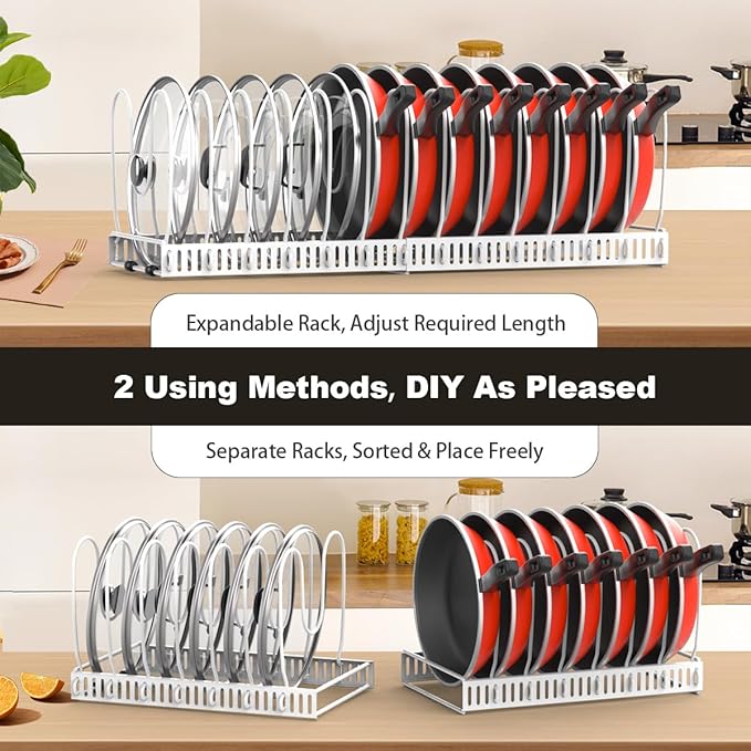 Housolution Pot and Pan Organizer Rack for Cabinet, Upgraded Expandable Pot Lid Organizer with 14 Adjustable Dividers, Pan Holder Storage Rack for Kitchen Cabinet, White