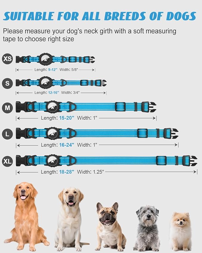 Joytale Airtag Dog Collar, Reflective Pet Collar with Waterproof AirTag Holder, Dual D-Rings, Soft Padded Adjustable for Small Dogs, SkyBlue, S