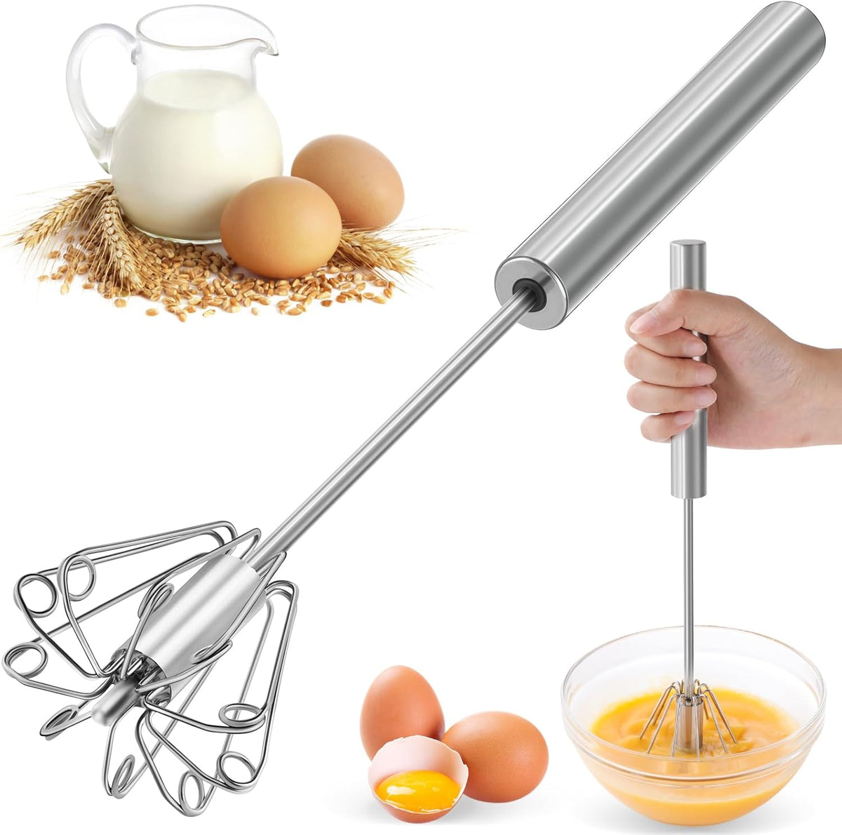 2026 Upgraded Semi-Automatic Stainless Steel Egg Beater – Hand Push Whisk for Baking, Cooking & Stirring – Perfect for Whisking Eggs, Batters & Creams – Effortless Mixing for Quick, Smooth (12in)