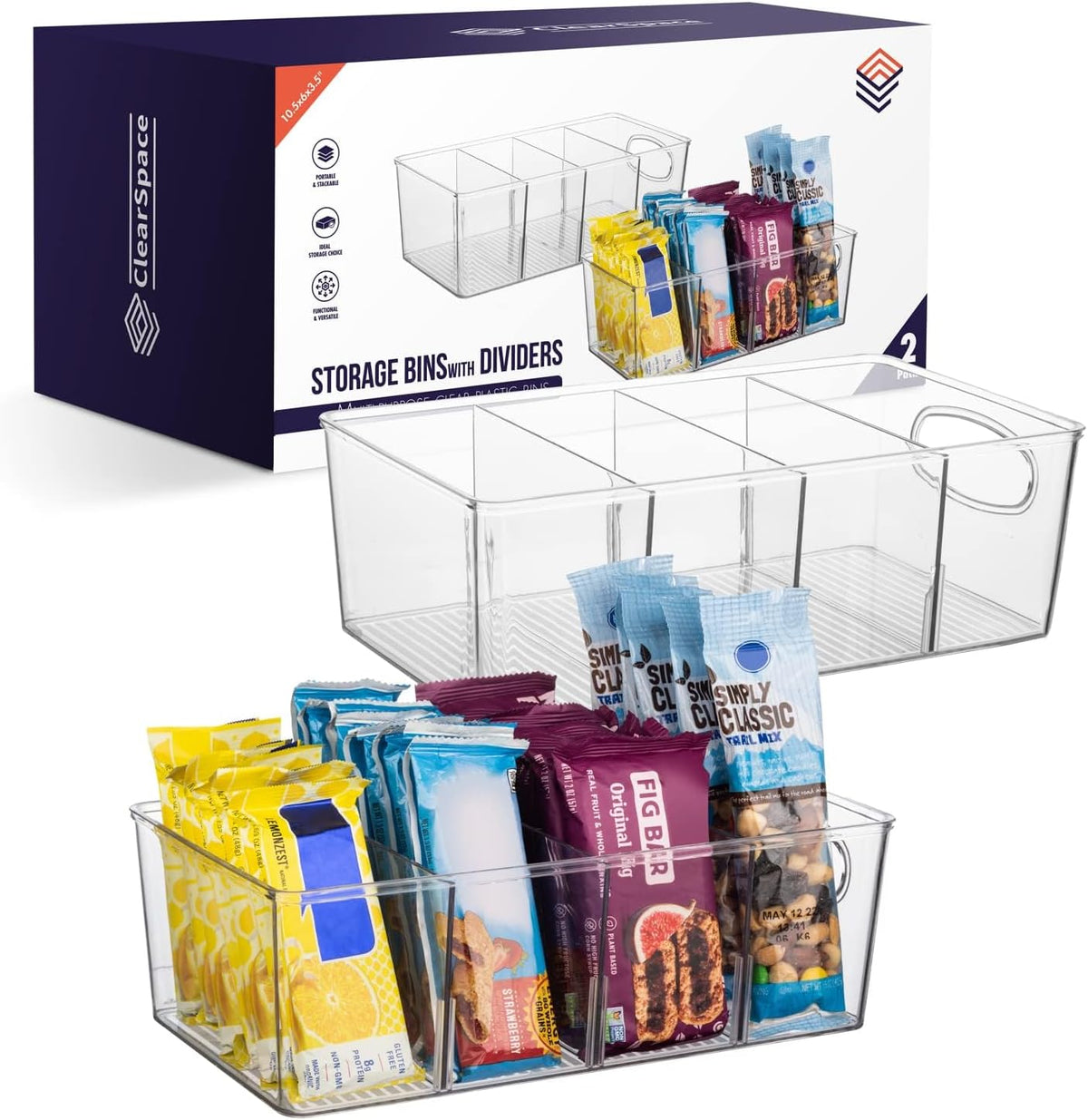 ClearSpace Plastic Pantry Organization and Storage Bins with Removable Dividers – Perfect Kitchen Organization or Kitchen Storage – Refrigerator Organizer Bins, Cabinet Organizers (2 Pack)