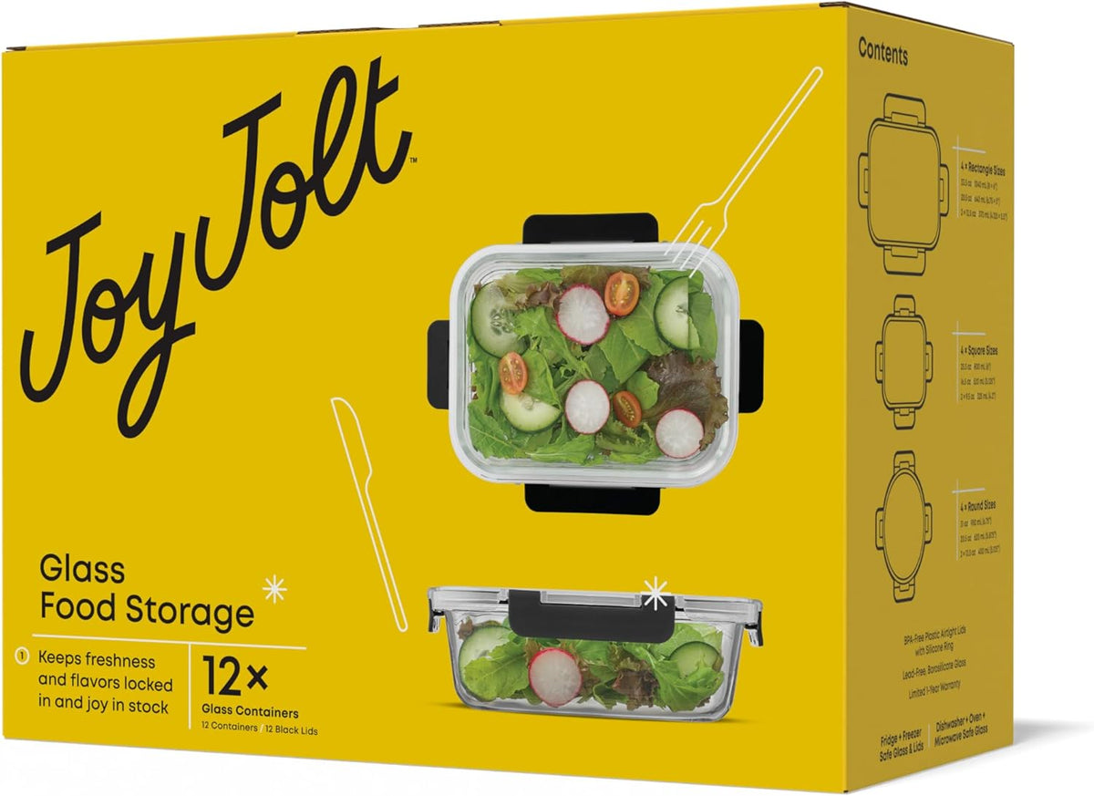 JoyJolt 24pc Borosilicate Glass Storage Containers with Lids | 12 Airtight/Freezer Safe Food Storage Containers for Pantry and Kitchen | Meal Prep Container for Lunch | Glass Tupperware Set