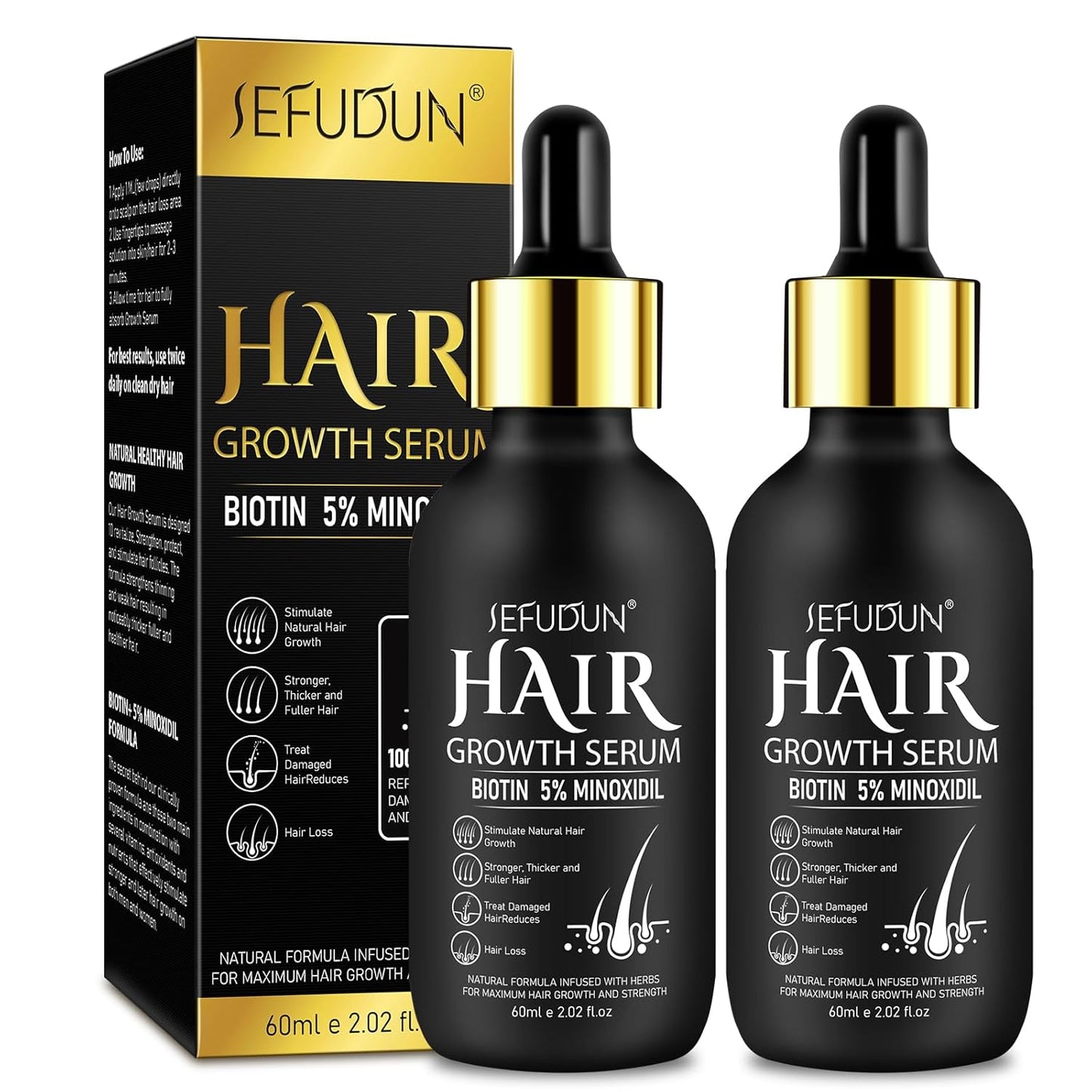Uocasi 2Pack 5% Minoxidil Hair Growth Serum, Hair Growth for Men and Women, Hair Regrowth Serum For Stronger Thicker Longer Hair Help, Natural Facial Hair Treatment for Grooming Thickening