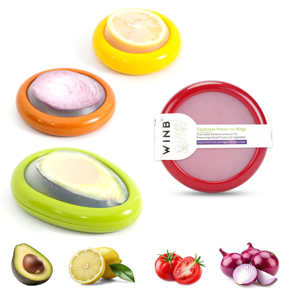 Winb Set of 4 Reusable Fruit and Veggie Savers - Ideal for Avocados, Tomatoes, Apples, Garlic, Onions, and More