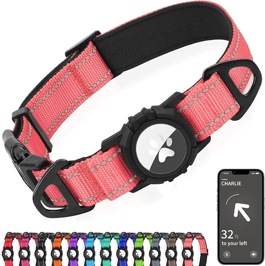 Joytale Airtag Dog Collar, Reflective Pet Collar with Waterproof AirTag Holder, Dual D-Rings, Soft Padded Adjustable for Extra Large Dogs, Neon Pink, XL