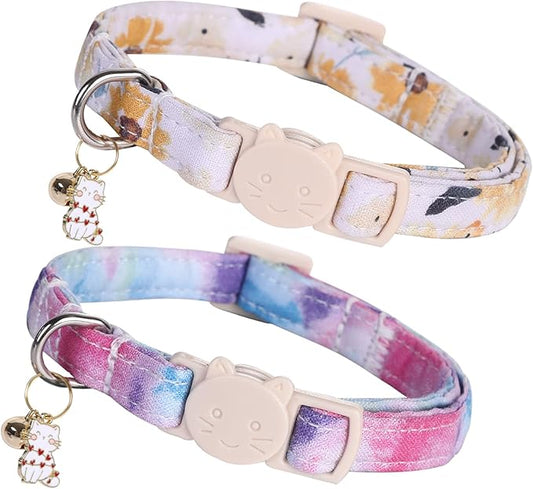 Elegant little tail 2 Pack Cat Collar- Sunflower Print Cotton Breakaway Cat Collars with Bell Pendant Kitten for Girl Safety Adjustable Collar for Small Cats Puppy