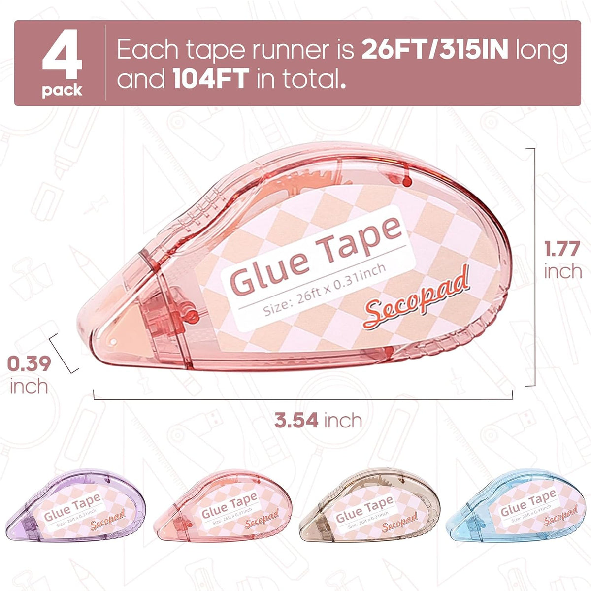 Scrapbook Tape, 4 Pack Double Sided Tape Roller for Crafts, Adhesive Glue Runner Scrapbooking Supplies Journaling School Office Teacher Supplies for Kids and Adults, 0.3IN x 26FT