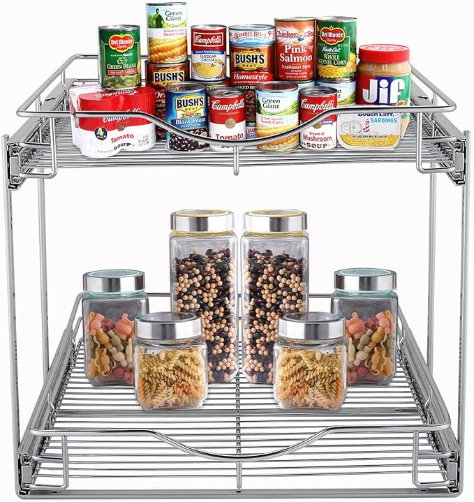 DINDON 2 Tier Pull Out Cabinet Organizer (11"W X 21"D), Double Tier Wire Basket Slide Out Shelf Storage for Kitchen Base Cabinet Organization for Kitchen, Pantry, Bathroom, Chrome