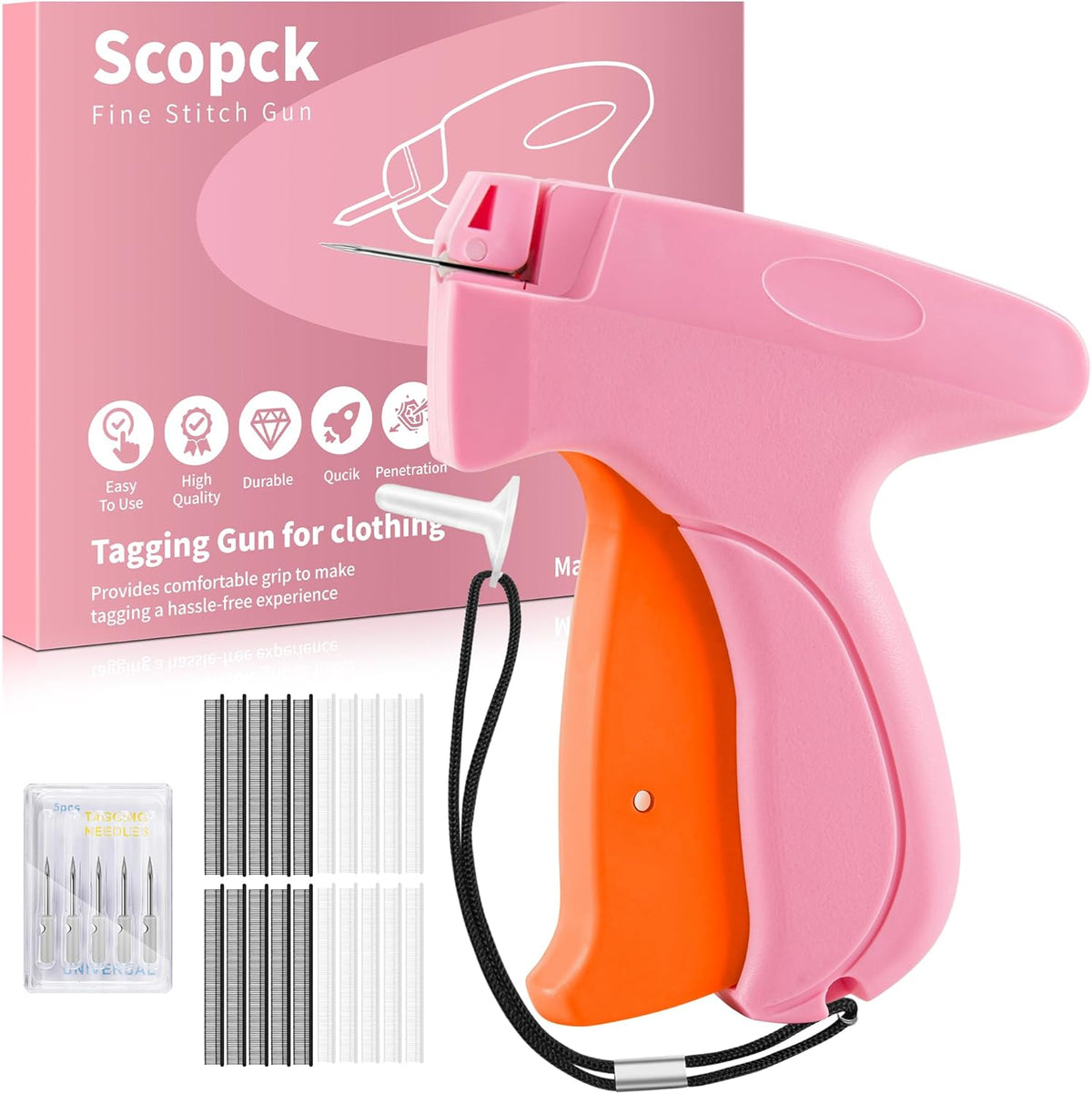 Stitch Gun for Clothes - Handheld Stitch Gun Quick Clothing Fixer - Tagging Gun - Includes 6 Needle, 1000 Black Fasteners & 1000 White Fasteners (Pink/Orange)
