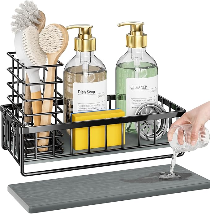 OVICAR Kitchen Sink Caddy Sponge Holder - Instant-Dry Sink Organizer with Brush Holder - Waterproof Soap Dispenser Non-Slip Countertop Organizer Storage for Kitchen Bathroom Black