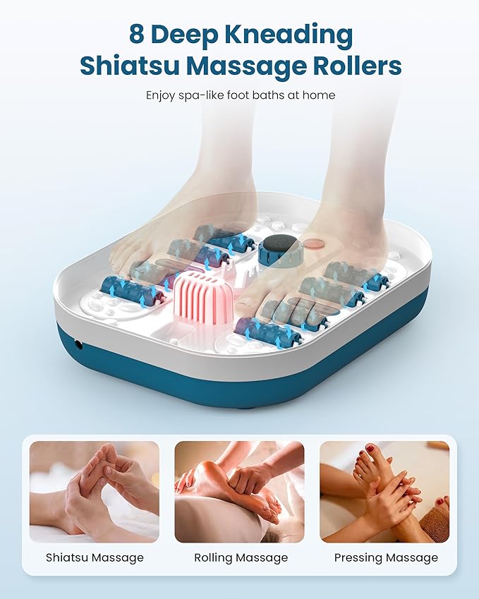 COMFIER Collapsible Foot Spa Bath Massager with Heat, Pedicure Foot Spa with Bubbles, Red Light, Pumice Stone and Shiatsu Massage Rollers, Heated Bath Spa for Relaxation and Stress Relief (Blue)