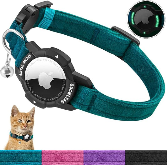 Luminous AirTag Cat Collar Breakaway, OUCWLTAG GPS Cat Collar with Apple Air Tag Holder, Cat Tracker Collars with Safety Elastic Band for Girl Boy Cats, Kittens and Puppies (Blue, 7-10 Inch)