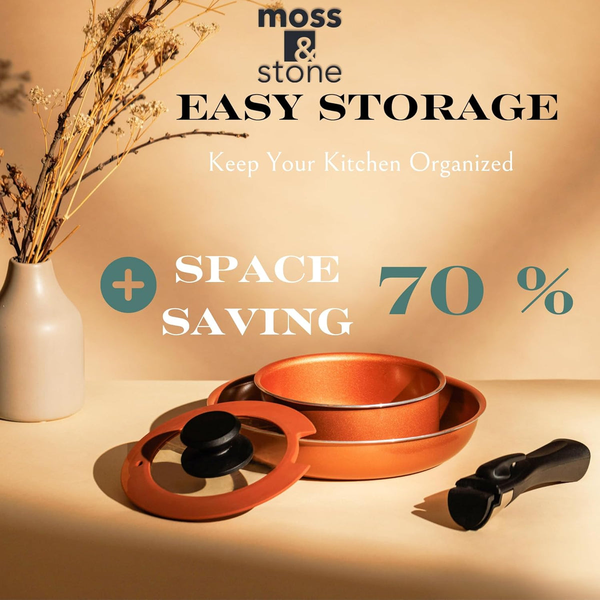 Moss & Stone Copper Pots And Pans Set Nonstick, Removable Handle Cookware, Stackable Pots And Pans Set, Dishwasher safe, Induction Pots And Pans, Camping Cookware Set, Aluminum (7 Pcs)