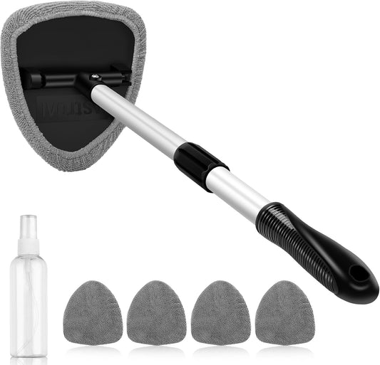 AstroAI Windshield Cleaner Tool, Car Interior Detailing Cleaning Kit with Extendable Handle and 4 Upgraded High-Density Reusable Microfiber Pads, Auto Glass Wiper Brush Kit for Cars, Gray, 15.9in-21in