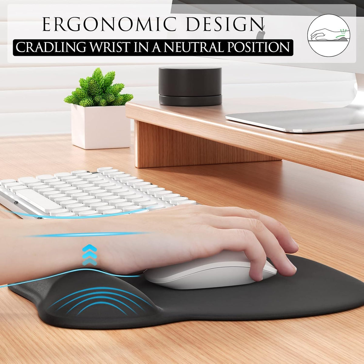 MROCO Ergonomic Mouse Pad with Gel Wrist Rest, Comfortable Mousepad with Smooth Wrist Support Surface and Non-Slip PU Base for Pain Relief, Computer, Laptop, Office & Home, 9.4 x 8.1 in, Black Color