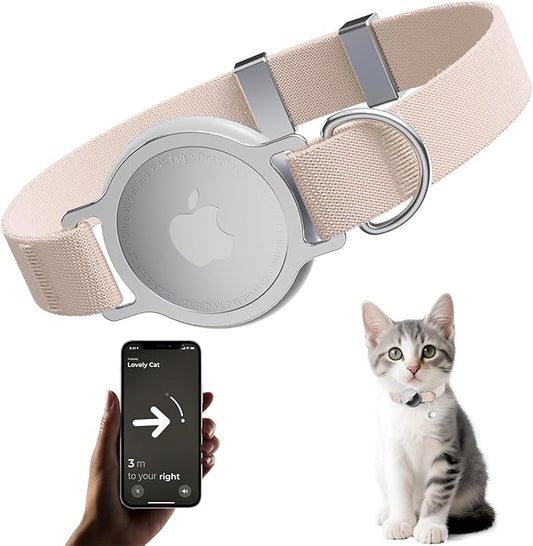 Cat Collar, Ultra Elastic Cat Tracker Collar, Holder Compatible with Apple Air Tag, [Lightweight & Scratch Resistant] Adjustable Stepless GPS Pet Collar for Cats Kittens, Khaki