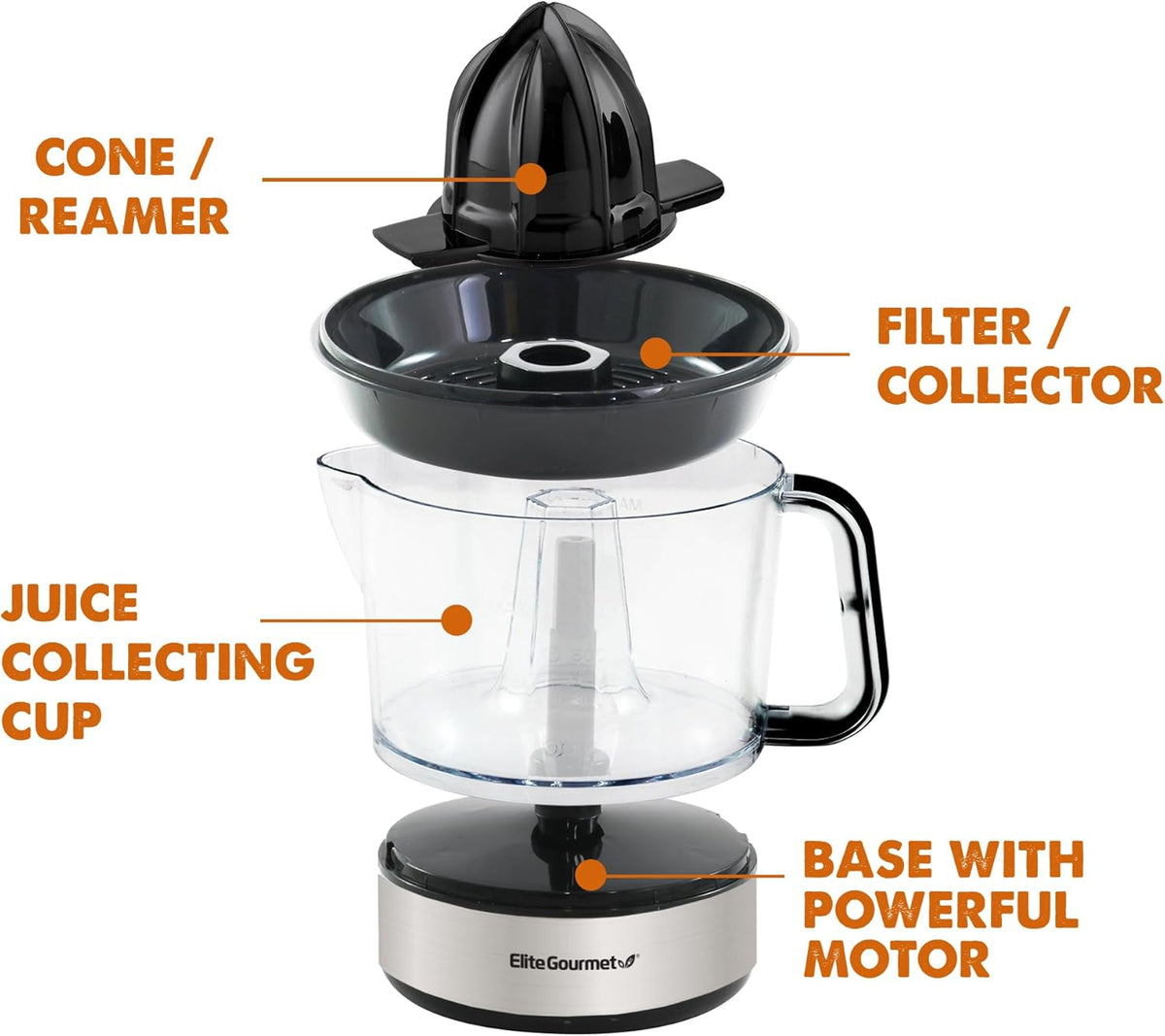 Elite Gourmet ETS623 BPA-Free 40-Watt Electric Citrus Juicer, Compact, Large Volume, Pulp Control, Oranges, Lemons, Limes, Grapefruits with Easy Pour Spout, 24oz, Black/Stainless Steel