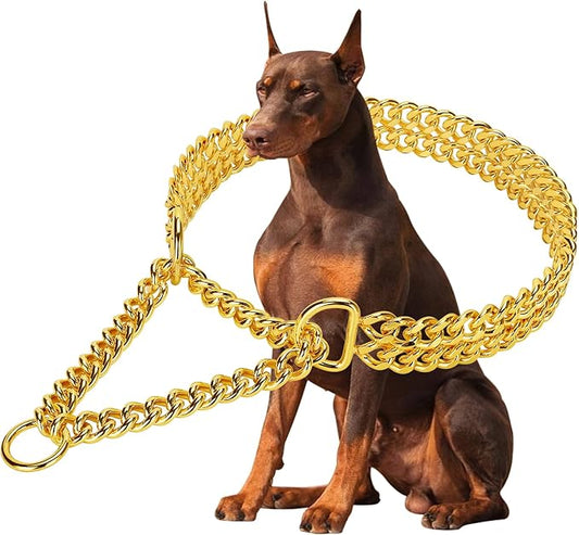 Gold Dog Chain Collar Stainless Steel 18K Gold Collar Adjustable Walking, Metal Cuban Link Chew Proof Double Row Chain for Large Small Medium Dogs