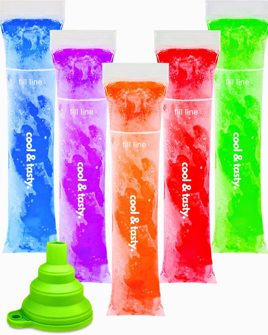 150 Disposable Popsicle Mold Bags with Zip Seals, 8x2" Freezer Tubes for DIY Ice Pops, Yogurt, Juice & Fruit Smoothies - Includes Funnel, BPA-Free, Ice Pop Molds