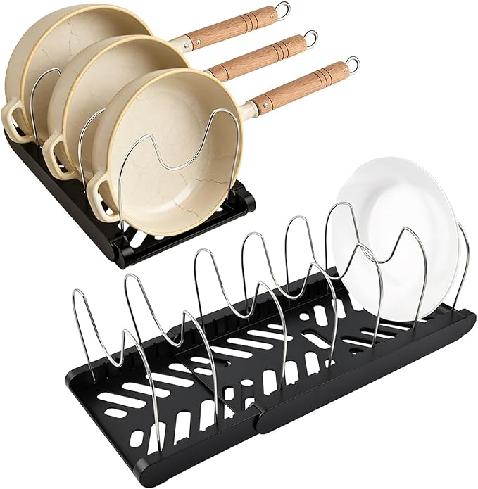 Pot and Pan Organizer, Expandable Pan Organizer for Cabinet, Pot Lid Holder with 10 Adjustable Compartments for Kitchen Cabinet Cookware Baking Frying Rack(Black)