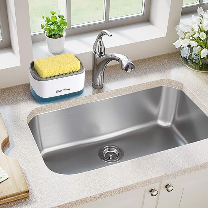 Kitchen Dish Soap Dispenser with Sponge Holder, 2-in-1 Countertop Soap Pump Dispenser, for Kitchen Sink Dishwashing Soap Dispenser - 12.5 Ounces
