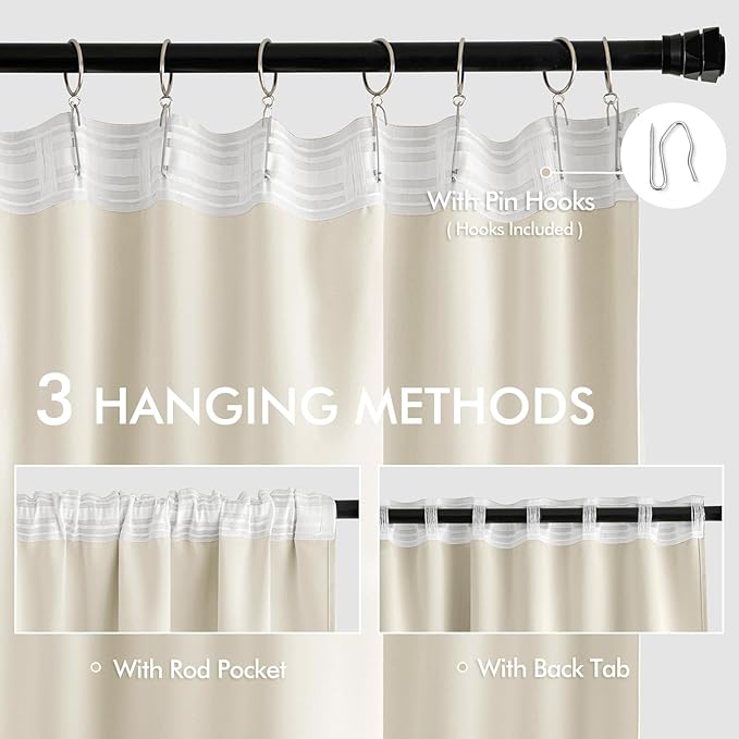 MIULEE Beige White Back Tab Blackout Curtains 90 Inches Long 2 Panels Set