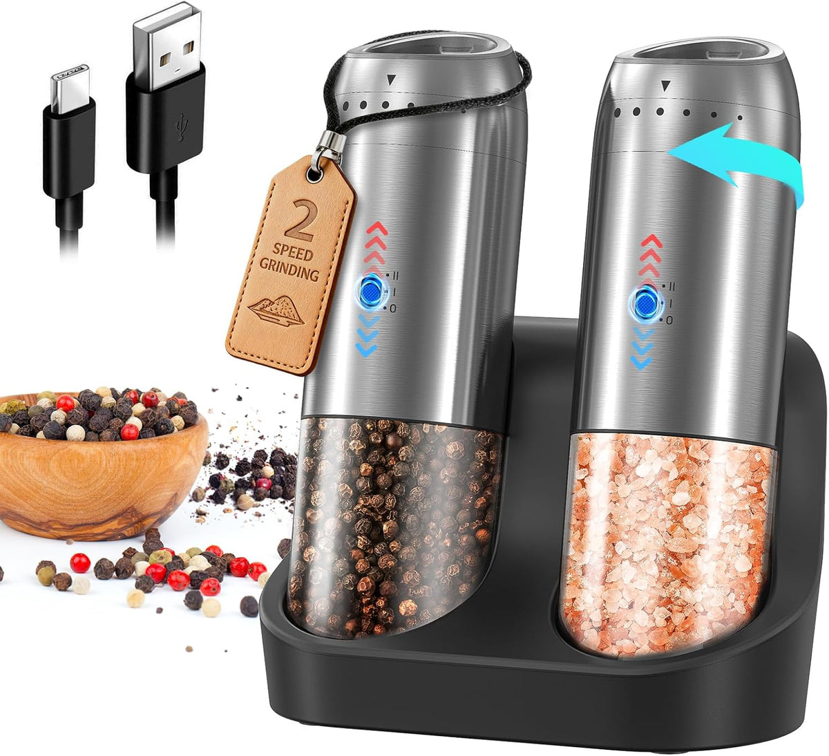 CIRCLE JOY Gravity Electric Salt and Pepper Grinder Set – Automatic LED Light Salt & Pepper Mills