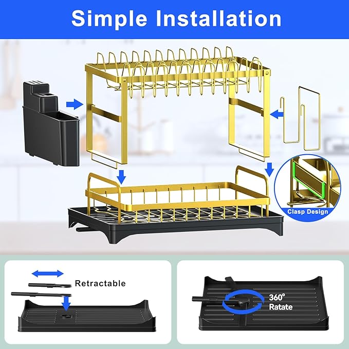 Dish Drying Rack Gold, Multifunctional Dish Racks for Kitchen Counter with Drainboard 2 Tier Dish Drainer Large Capacity for Knifes/Cup/Cutting Board