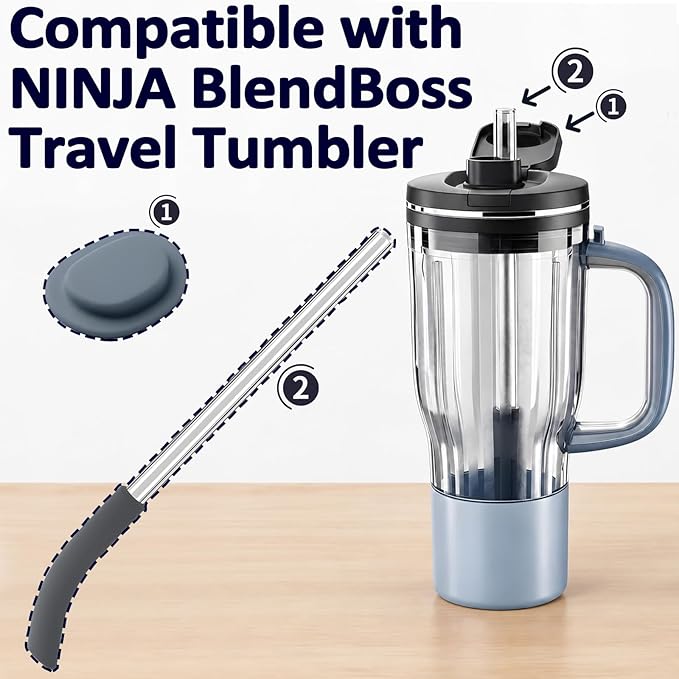 2 Pack Replacement Straw for Ninja BlendBOSS Personal Smoothie Blender Tumbler, 2* Reusable Glass Straws With 2* Spout Lid Plug Seal Compatible With Ninja BlendBOSS Travel Tumbler