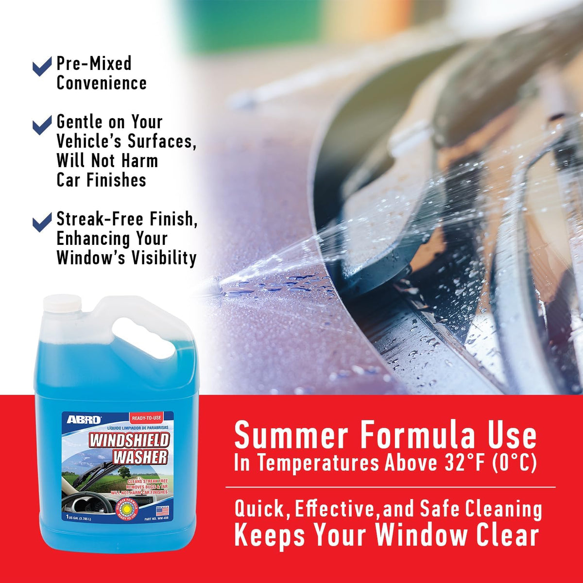 ABRO Windshield Washer Fluid Ready to Use Formula - 1 Gallon, Pre-Mixed, Streak-Free Cleanliness, 2-In-1 Removes Bugs & Tar