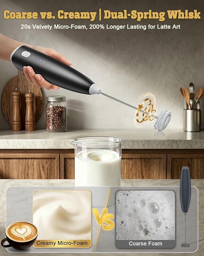 Portable Milk Frother Handheld,Electric Drink Mixer & Wand, 3 Detachable Stainless Steel Whisks, 3 Adjustable Speeds Quiet, USB C Rechargeable for Coffee, Latte, Matcha, Home & Kitchen (Black)